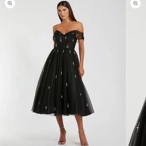 MAC DUGGAL Dress Size 2 Evening Gown NEW Black Midi Off The Shoulder Tulle Bead